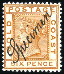 Stamp of Gold Coast 1884-91 1/2d, 1d, 2d and 6d with manuscript "Speci