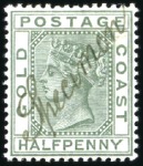 Stamp of Gold Coast 1884-91 1/2d, 1d, 2d and 6d with manuscript "Speci
