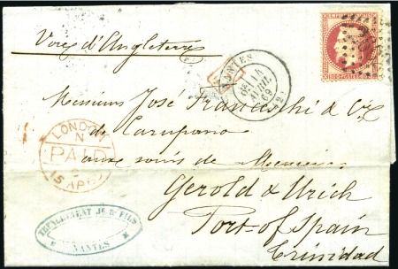 Stamp of France 1869 Lettre de Nantes 14.04.69 pour l'ile de la TR