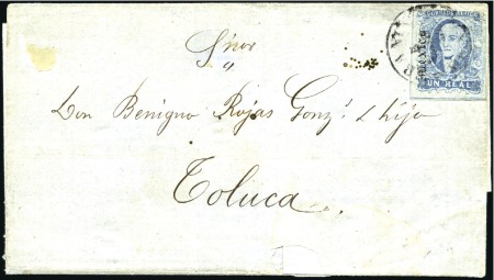 Stamp of Mexico 1867 1r Blue on RPS paper, single-franking cover t