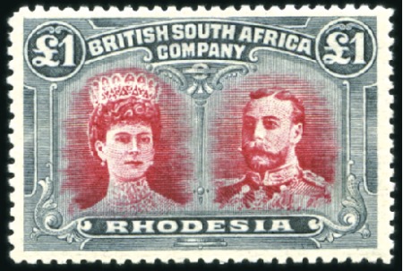 Stamp of Rhodesia 1910-13 Double Head £1 rose-scarlet and bluish-bla