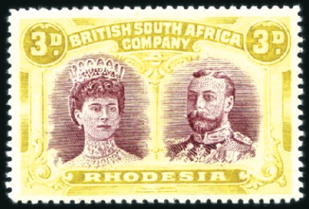 Stamp of Rhodesia 1910-13 Double Head 3d claret and pale yellow-ochr