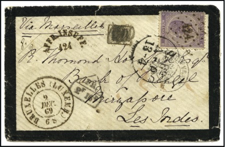 Stamp of Belgium 1869 Mourning envelope to India franked 1865-66 1F