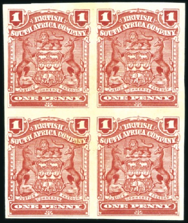 Stamp of Rhodesia 1898-1908 Coat of Arms 1d rose, mint IMPERF block 