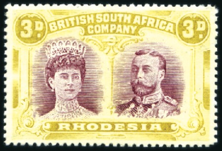 Stamp of Rhodesia 1910-13 Double Head 3d claret and pale yellow-ochr