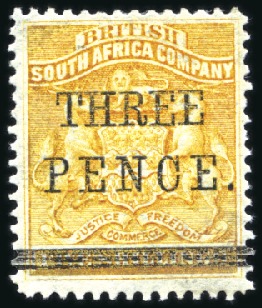 Stamp of Rhodesia 1896 1d on 3d & 3d on 5s, mint, very fine & scarce