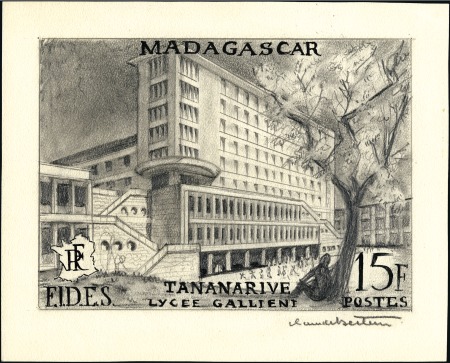 Stamp of Colonies françaises » Madagascar (Poste française) 1956 15F Lycée Gallieni, maquette originale de l'a