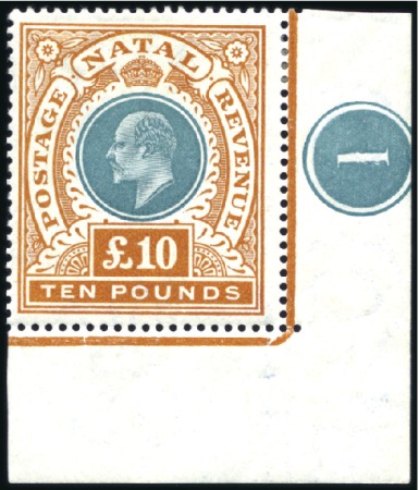 Stamp of South Africa » Natal 1902 Crown CC £10 green and orange, mint bottom ri