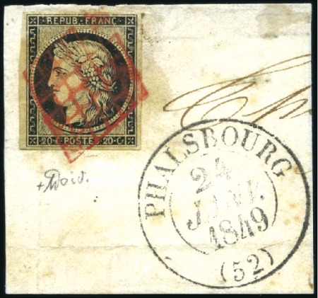 Stamp of France 1849 20c noir obl. grille rouge sur fragment avec