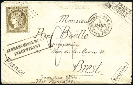 Stamp of France 1874 30c Cérès obl. Ancre sur env. d'Indochine pou