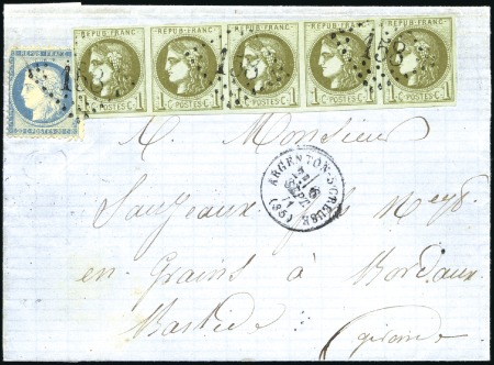 Stamp of France 1c Bordeaux Report 3 en bande de cinq bien margée