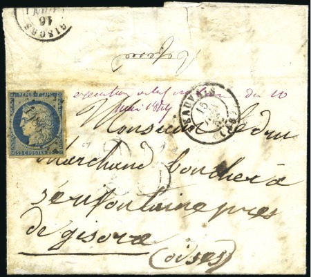 Stamp of France 1849 25c bleu ayant déjà servi sur lettre taxée de