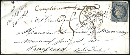 Stamp of France 1849 25c bleu: trois lettres avec taxe 25 dont une