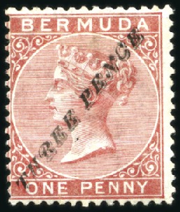 Stamp of Bermuda 1874 "THREE PENCE" on 1d rose-red, surcharge type 