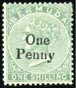 Stamp of Bermuda 1875 "One Penny" on 1s green, surcharge type 8 in 