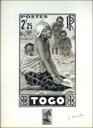 Stamp of Togo 1945 Maquette 23cm x 30.5cm au crayon d'un projet 