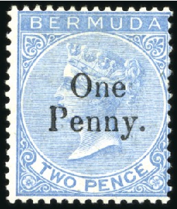 Stamp of Bermuda 1875 "One Penny" on 2d bright blue, unused, part o