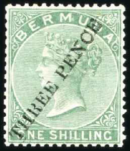 Stamp of Bermuda 1874 "THREE PENCE" on 1s green, unused, small part