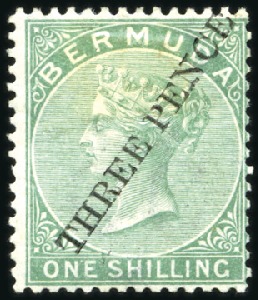 Stamp of Bermuda 1874 "THREE PENCE" on 1s green, unused, part origi