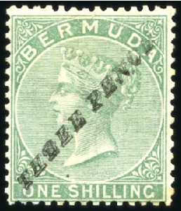 Stamp of Bermuda 1874 "THREE PENCE" on 1s green, unused, showing "P