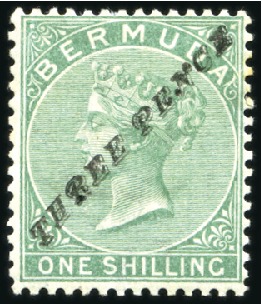 Stamp of Bermuda 1874 "THREE PENCE" on 1s green, unused, showing "P