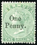 Stamp of Bermuda 1874 "One Penny" on 3d yellw-buff & "One Penny" on