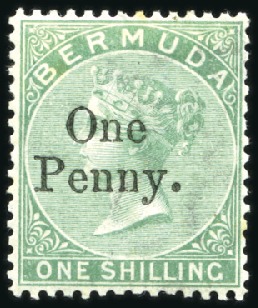 Stamp of Bermuda 1874 "One Penny" on 3d yellw-buff & "One Penny" on