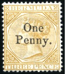 Stamp of Bermuda 1874 "One Penny" on 3d yellw-buff & "One Penny" on
