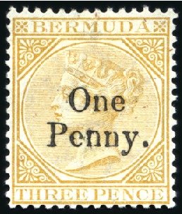 Stamp of Bermuda 1874 "One Penny" on 3d yellw-buff, unused, part or