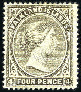 Stamp of Falkland Islands 1878-79 No Wmk 4d grey-black unused with part orig