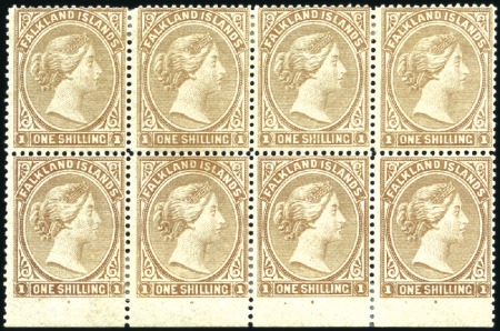 Stamp of Falkland Islands 1878-79 No Wmk 1s bistre-brown mint block of eight