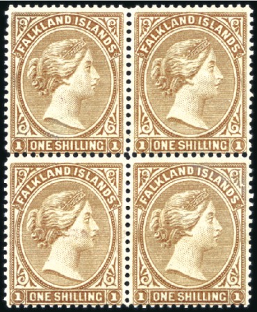Stamp of Falkland Islands 1878-79 No Wmk 1s bistre-brown unused block of fou