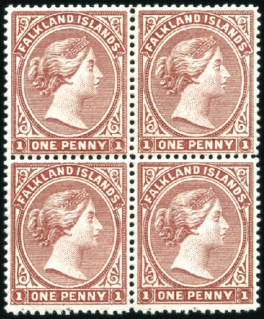 Stamp of Falkland Islands 1885-91 Wmk Crown CA 1d (pale) claret, mint, block