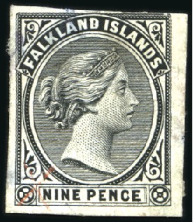 Stamp of Falkland Islands 1891-1902 9d Die proof, stamp sized in black on In