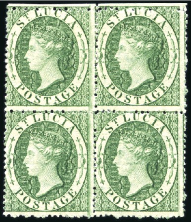 Stamp of St. Lucia 1860 (6d) Deep Green mint block of four, very fine