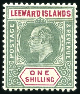 Stamp of Leeward Islands 1902 Wmk Crown CA 1s green & carmine with "dropped