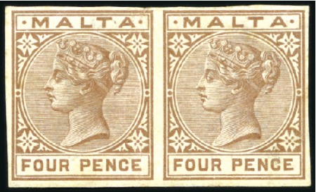 Stamp of Malta 1885-90 Crown CA 4d brown, unused, IMPERF PAIR, br