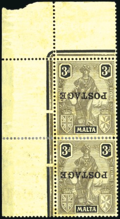 Stamp of Malta 1926 Postage 3d black on yellow, mint top left cor