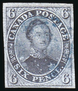 Stamp of Canada 1851 6d Slate-Violet on laid paper, fine to large 