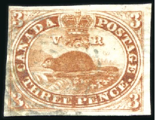 Stamp of Canada 1852 3d Red, clear to very large margins, showing 