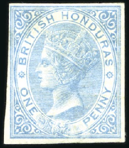 Stamp of British Honduras 1865 No Wmk 1d pale blue imperforate plate proof, 