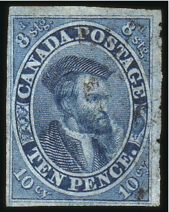 Stamp of Canada 1855 10d Bright Blue, large to very large margins,