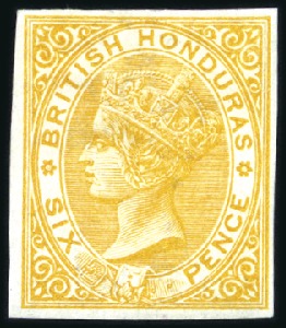 Stamp of British Honduras 1882-87 Wmk Crown CA 6d yellow imperf. plate proof