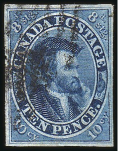 Stamp of Canada 1852 10d Blue, fair to large margins, clear "rolle