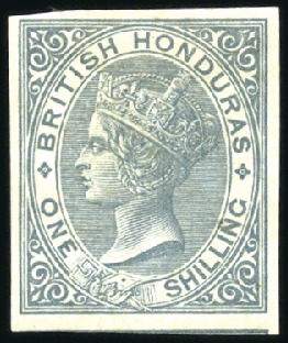 Stamp of British Honduras 1882-87 Wmk Crown CA 1s grey imperf. plate proof w