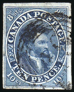 Stamp of Canada 1857 10d Blue (thick paper), good to large margins