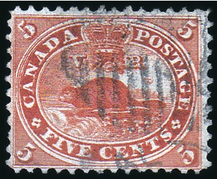 Stamp of Canada 1859 5c Deep Red with "major re-entry" (R.3/8), li