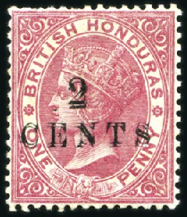 Stamp of British Honduras 1888 Wmk Crown CA "2 CENTS" on 1d rose with DOUBLE