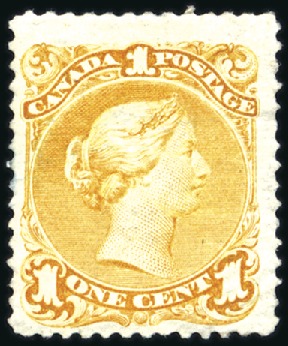 Stamp of Canada 1868 1c Pale Orange-Yellow, mint, very fine with f