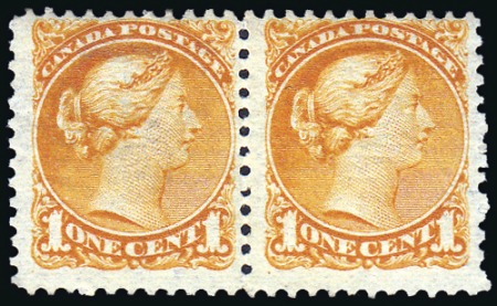 Stamp of Canada 1873 1c Orange-Yellow mint horizontal pair, fresh 